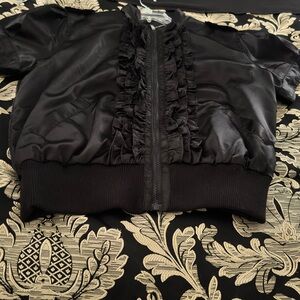 Black Satin Ruffled Bomber Jacket